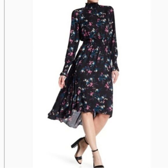 Nanette Lepore Floral Mock Neck Long Sleeve High Low Midi Dress - Picture 2 of 8